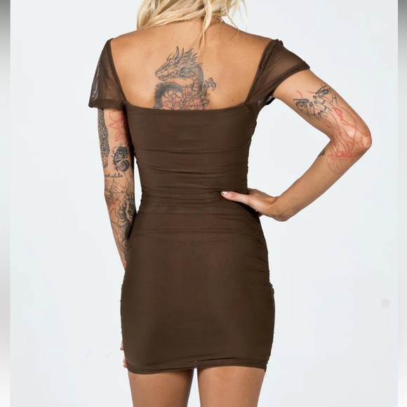 Princess Polly NWT Recycled Fibers Charvi Mesh Cap Sleeve Mini Dress Brown 2, 4 - Picture 2 of 7